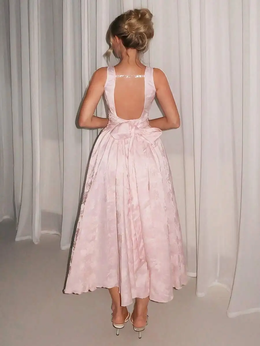 

Pink Satin Backless Midi Dress with Bowknot Waist and Square Neck
