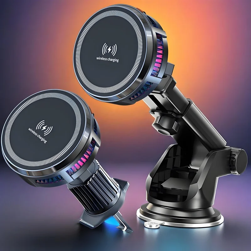 

Автомобильное магнитное беспроводное зарядное устройство 15 Вт с полупроводниковой охлаждающей подставкой RGB окружающего освещения для iPhone 16 15 14 13 12 Samsung S25