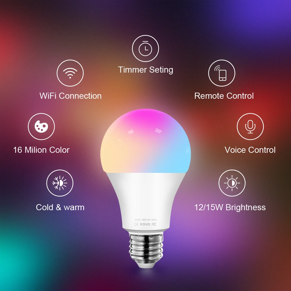 AVATTO Tuya WiFi Smart E27 Smart Dimmable Bulb RGBCW 100-240V 15W LED Light,Smart Life App Control Support Alexa Google Home