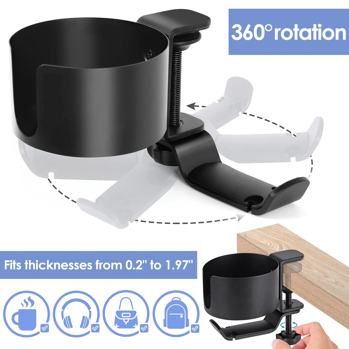 2 in 1 360° Rotation Headphone Holder With Cup Rack Adjustable Under Desk Clamp Table Side Drink Hanger for Home Offices NEW