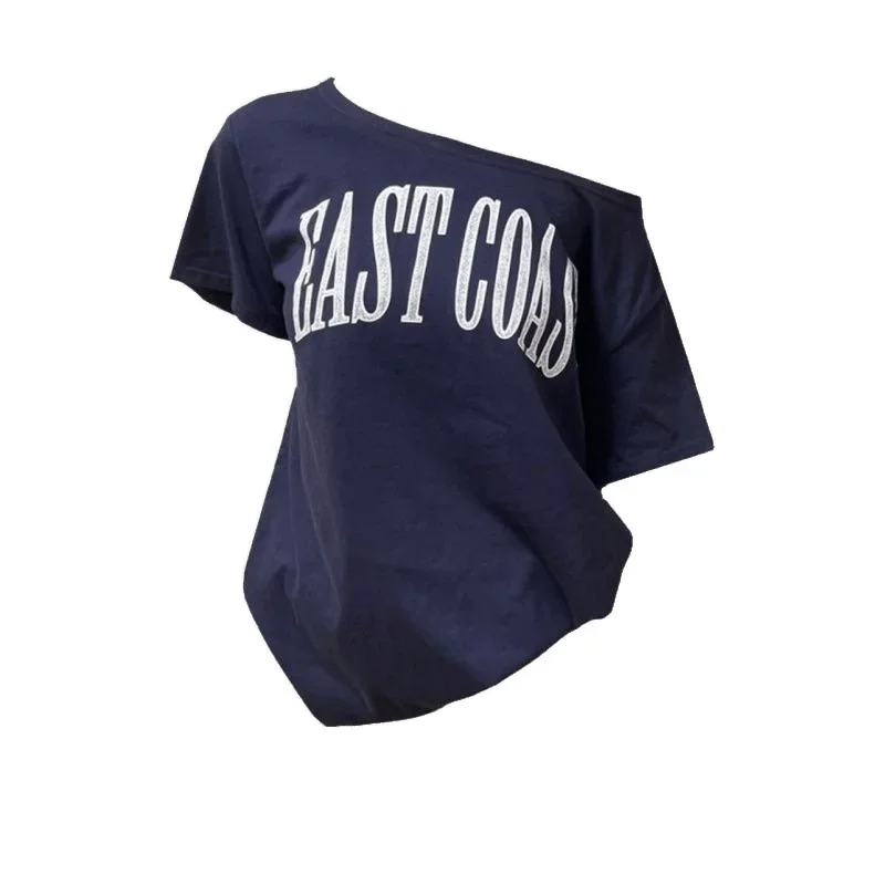 تي شيرت نسائي صيفي ملون من القطن المطاطي على الطراز الأمريكي بقصة ضيقة وأكتاف علوية عتيقة وأكمام قصيرة باللون الأزرق #5