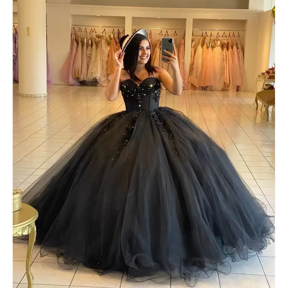 Angelsbridep Arabische Dubai Prinses Kralen Zwarte Quinceanera Jurken Baljurken Sweet 16 Jaar Formele Pageant Jurken Plus Size