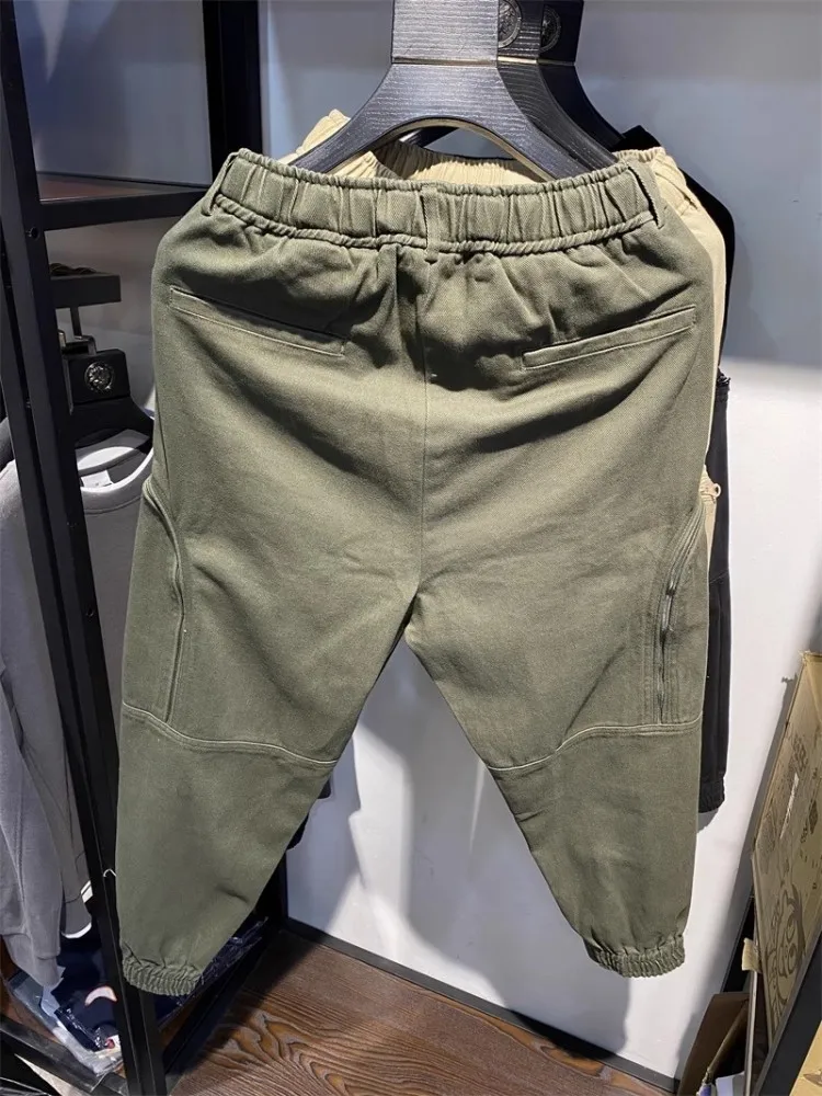 Mens Cotton Pants Solid Color Zipper Big Pocket Cargo Pants High Street Buckle Belt Elastic Waist Loose Fit Casual Trousers Male