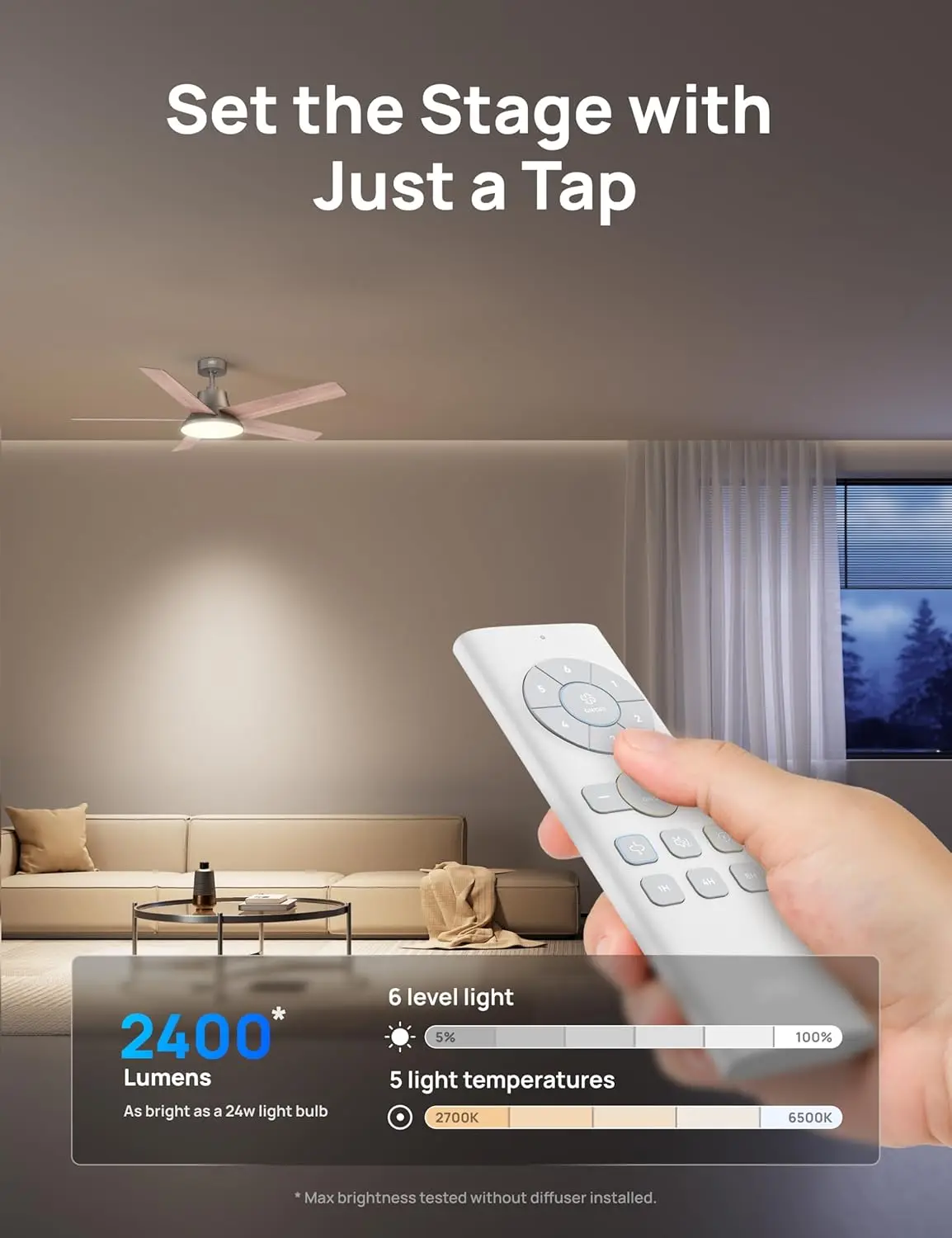 Ceiling Fans with Lights and Remote, 52 Inch, 6 Speeds, 5 Color Tones Dimmable LED, Quiet Reversible DC Motor, 8H Timer