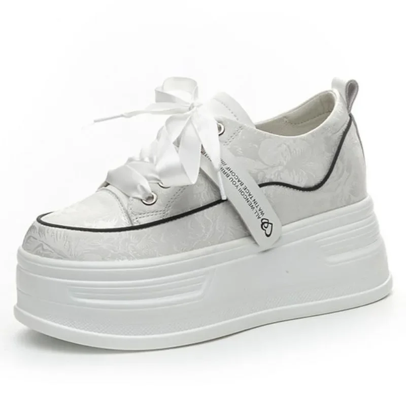 

8cm Silk Women Casual Platform Wedge Flats Fashion Chunky Sneaker Summer Shoes Slippers High Brand Autumn Vulcanize High Heel