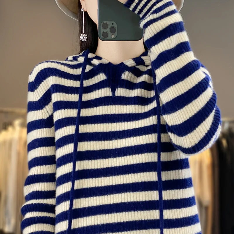 Women's Hoodies 100% Merino Wool Sweater Striped Long Sleeve Casual Loose Pullover Cashmere Knitwears Thicken Fashion New Knit