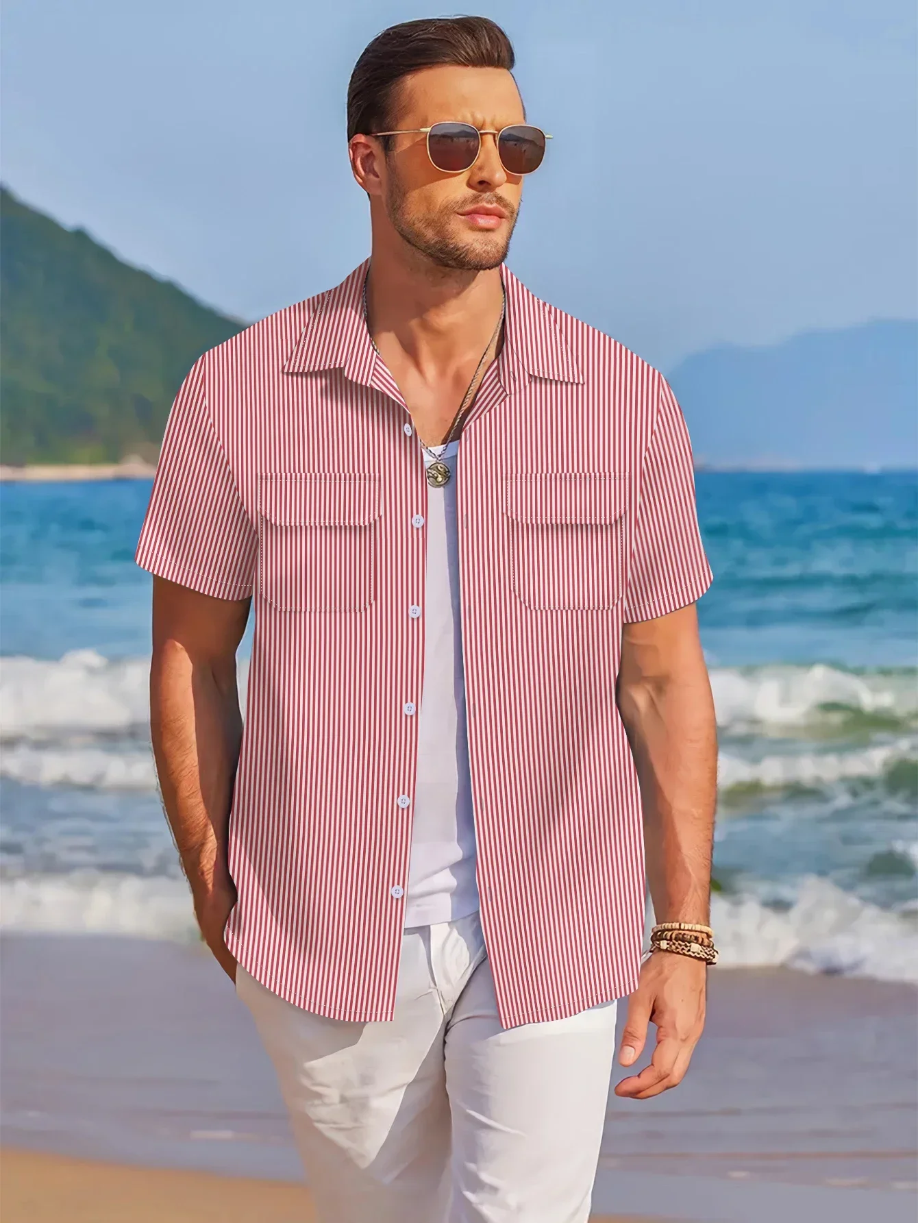 Cool summer new men's casual beach style lapel pocket button top, comfortable solid color pinstripe fashion loose Hawaiian cardi