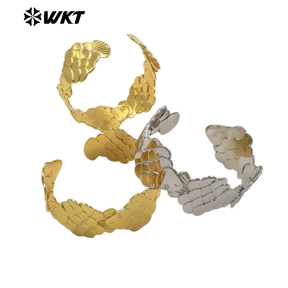 WT-JF380 New Arrival Fish Scales Carving Yellow Brass And Silver Cuff Bangle Or Armlet For Unisex Perfect Match Decorated