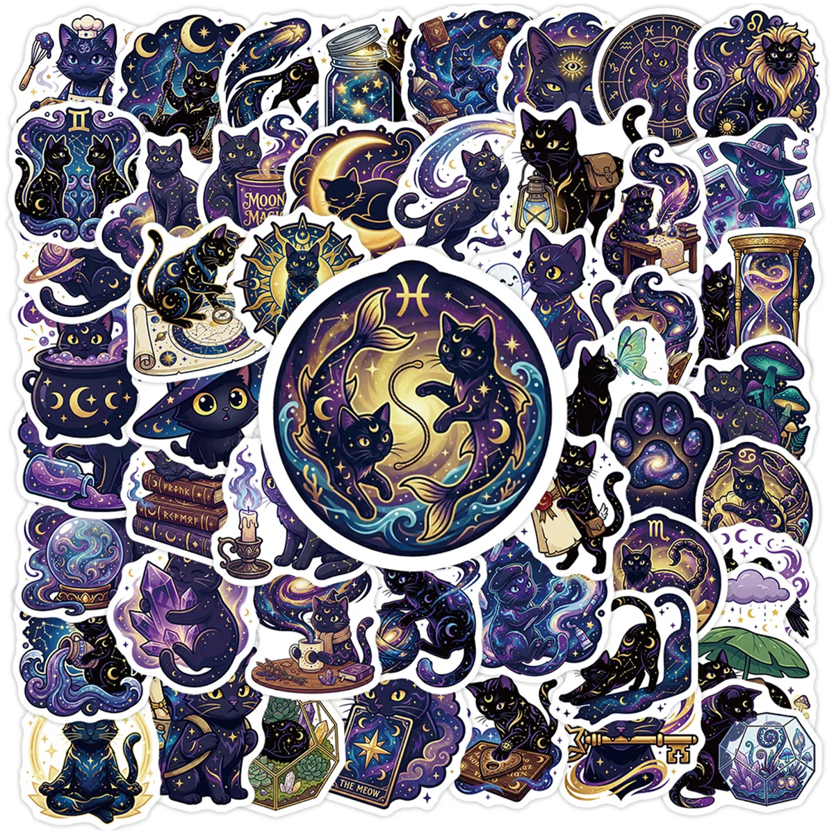 50 autocollants gothiques esthétiques chat sorcière magique lune tarot cool pour scrapbooking, bouteille, téléphone, bagages, voiture