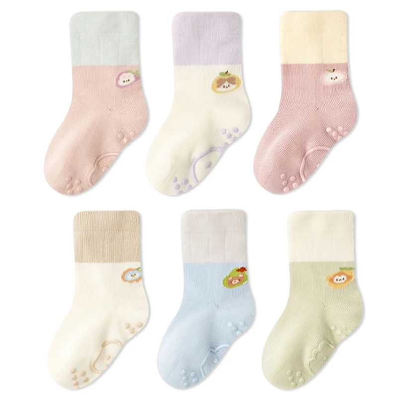 3/6 Pairs Baby Floor Socks Anti Slip Rubber Grip Newborn Floor Socks Color Block Toddler Socks For Boys Girls Indoor Walking