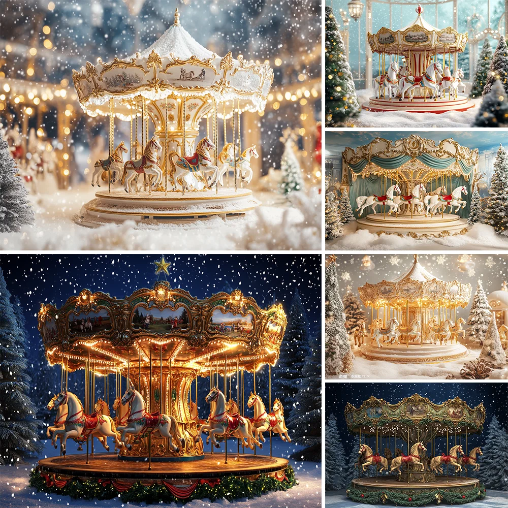 Winter Whimsical Carousel With White Horse Surround Christmas Backdrop Baby Kids Portrait Family Party Photocall Backgrounds