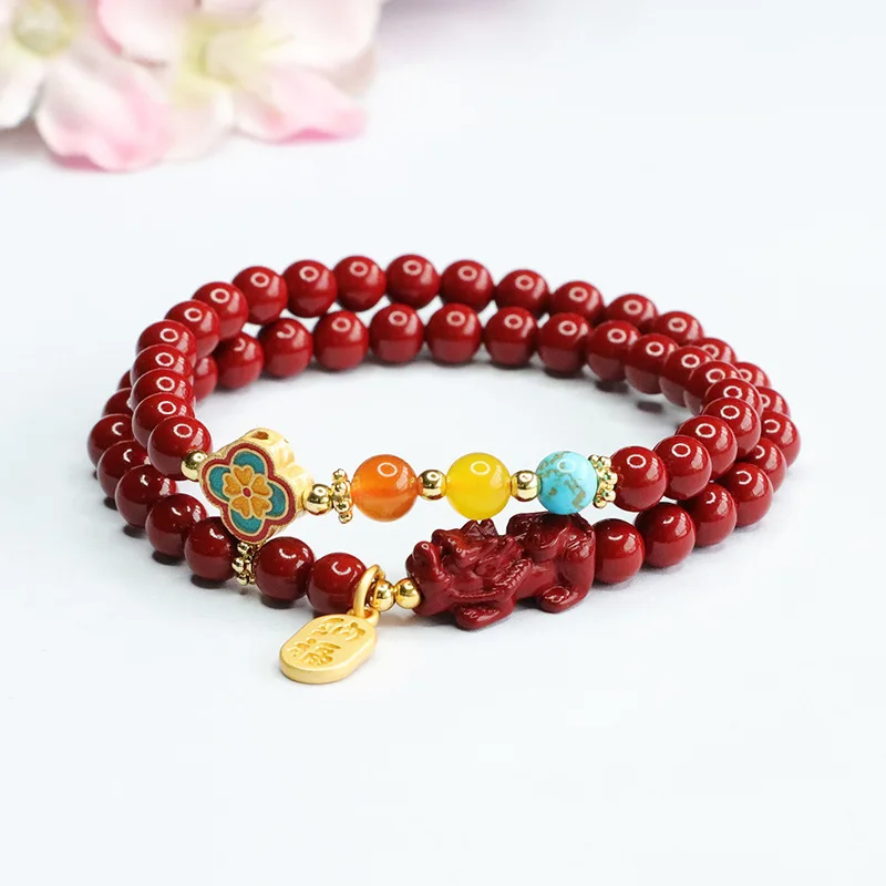 Natural Genuine Goods Cinnabar Bracelet Purple Gold Double Circle Bracelet National Fashion Multi Circle Safe NAFU Gift for Ladi