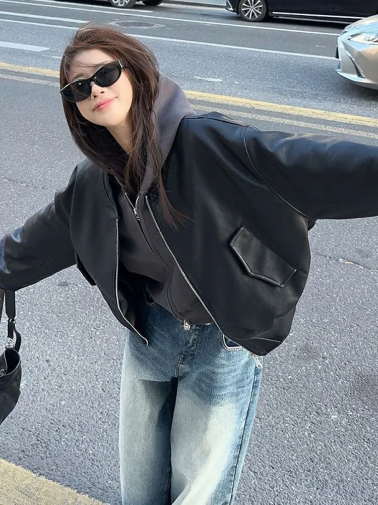 American Sle Retro Bla Jaet Women's Spring Autumn New Hong Kong Sle Small Size oulder Drop Model PU Leather Coat