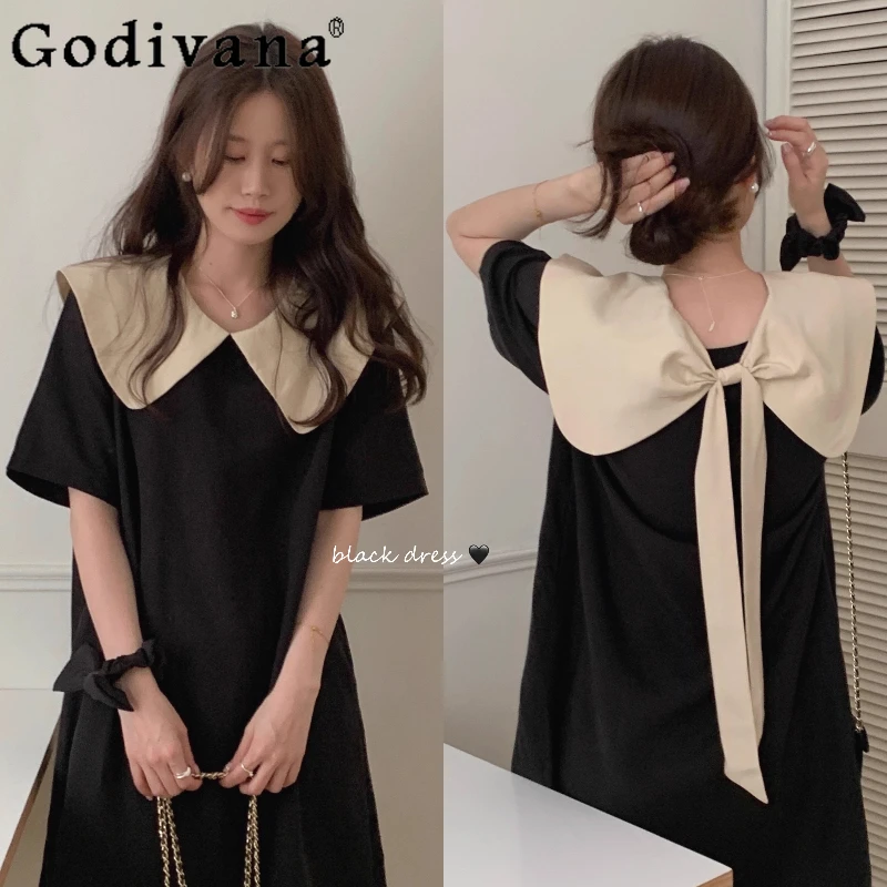

Large Size L-4XL girl Summer 2025 New Sweet Peter Pan Collar Cute Bow Dress Black Short Sleeve Age-reducing A-line Loose Dresses