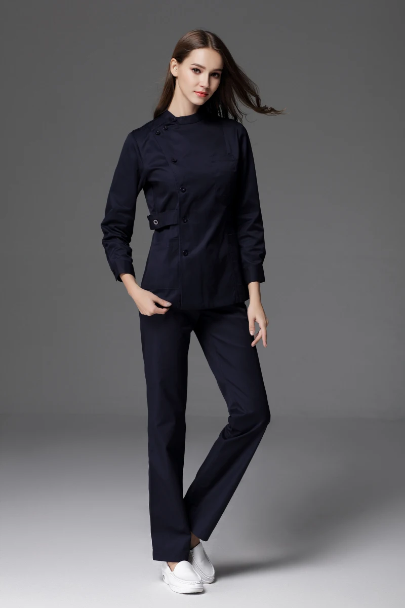 Winter Front Side Button Opening Long Sleeve Nurse Uniform Women Skin Caring Dental Clinic Top and Pant Working Outwear