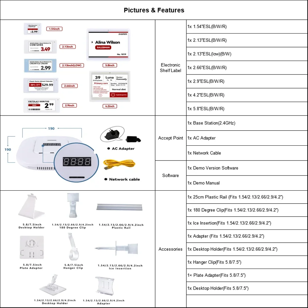 Eletrônico Wireless Preço Sistema de Rotulagem, E Ink Digital Label, E Tags Demo Kit, 2.4GHz, 7 Pcs
