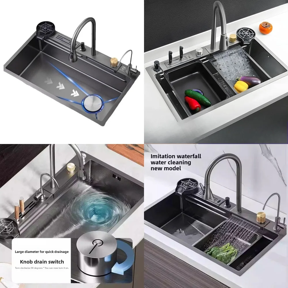 

Large single bowl thickened 304 stainless steel kitchen sink with waterfall knife holder for household vegetable washing