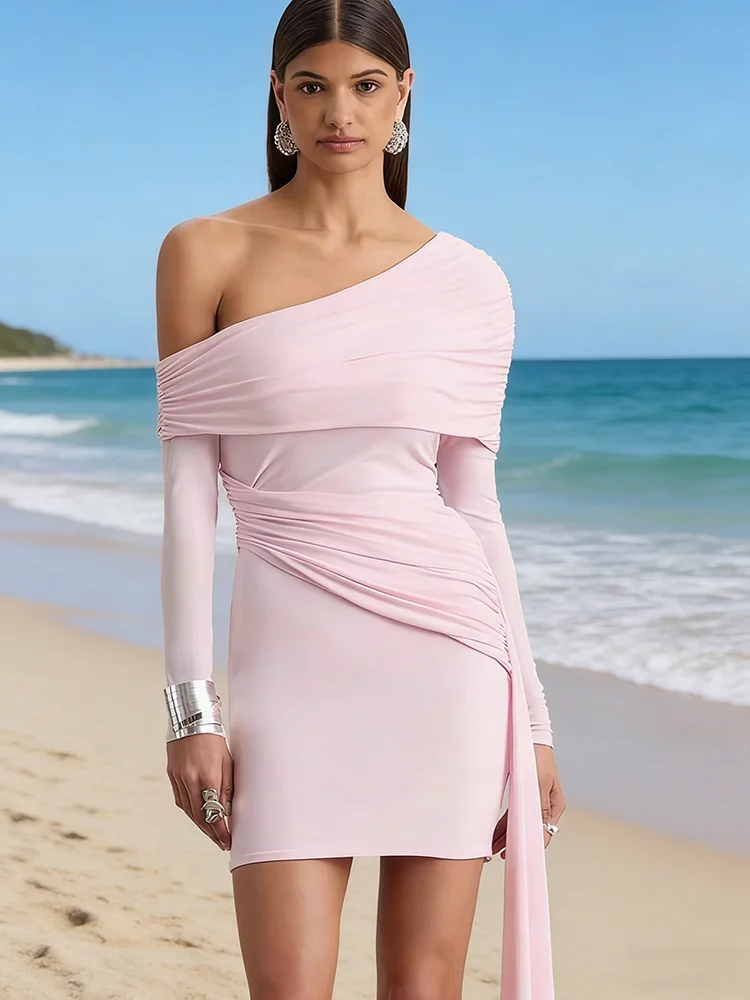 

JULISSA MO Sexy One Shoulder Bandage Women Mini Dress Blue Long Sleeve Off Shoulder Dress Spring Skinny Elegant Party Club Dress