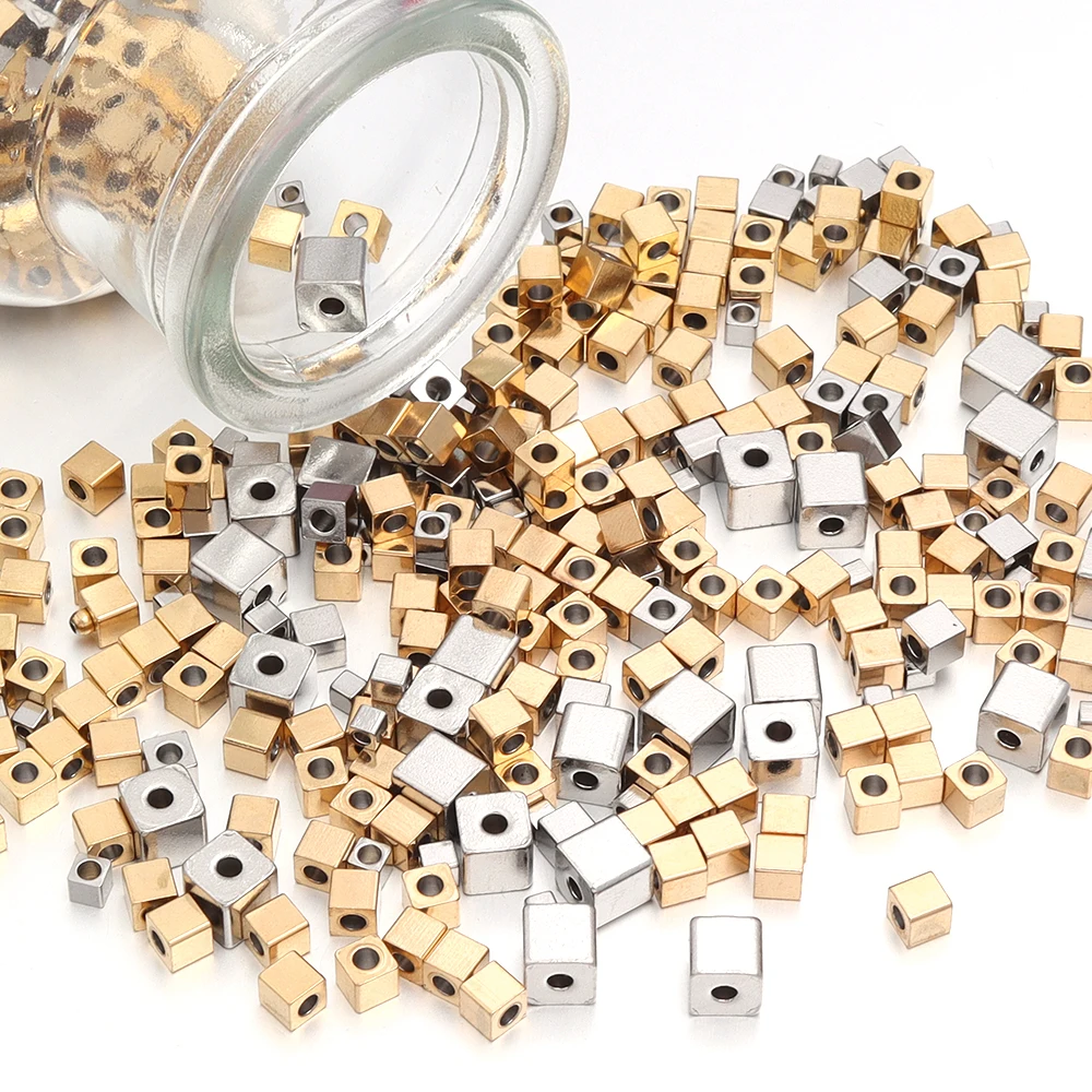 50pcs/lot Stainless Steel Square Beads Metal Cube Beads Loose Spacer Beads For DIY Jewelry Making Necklace Bracelet Accessories