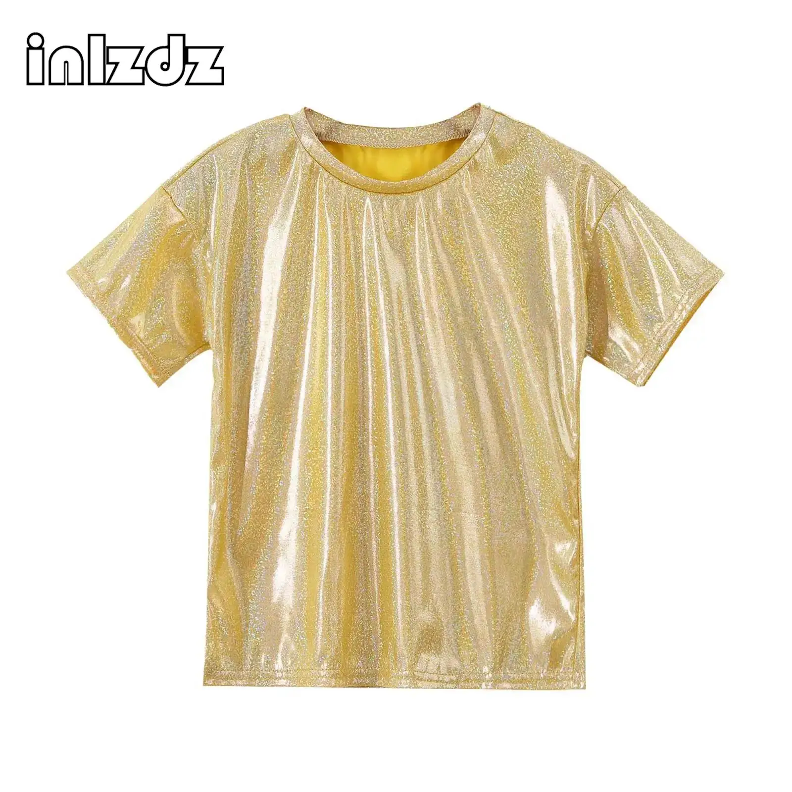 

Boys Girls Bright Silk Jazz Hip Hop Dance Top Kids Metallic Shiny Loose Short Sleeve T-shirt for Cheerleading Street Dance