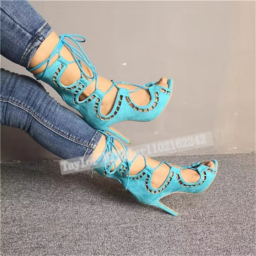 Blue Open-Toe Criss-Cross Strap Sandals Women'S Peep-Toe Stiletto Heels T-Stage Show Back Zip Sandals Boots Zapatos Mujer 46 - view 4
