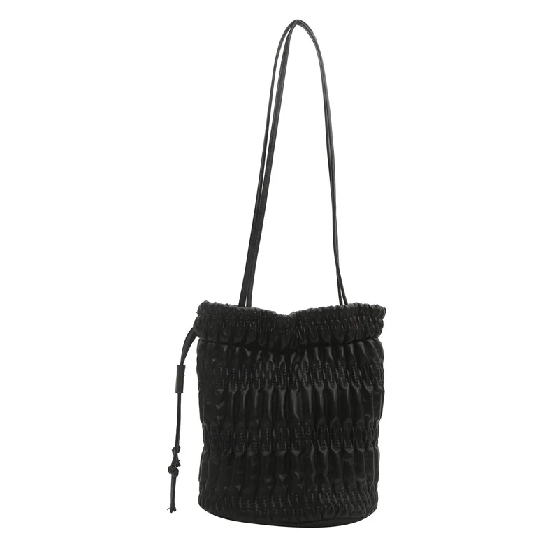 Silver Pleated Drawstring Shoulder Bucket Bags Women Designer Travel Beach Bag Daily Commuting Bag Handbag Casual Messenger Bag