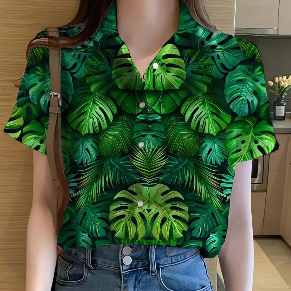 Damen-Hemden, tropische Pflanzenblätter, 3D-gedrucktes hawaiianisches Kurzarm-Strandhemd mit Knöpfen, Sommer, lässige Streetwear, weibliche Blusen