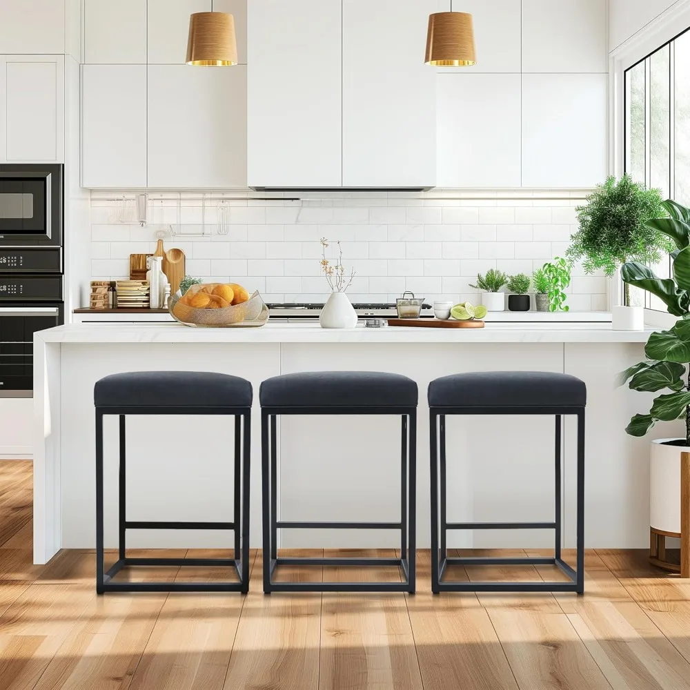 Black Counter Height 24" Bar Stools Set of 3 for Kitchen Counter Backless Modern Square Bartools