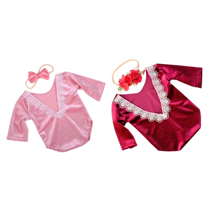 

0-2Month Baby Girl Photo Props Backless Jumpsuit Bowknot Headband Photo Clothing