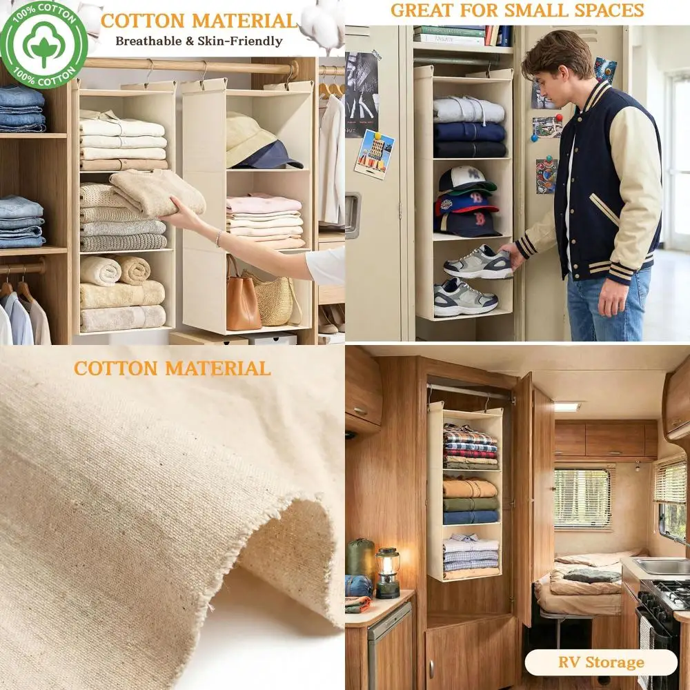 

Набор из 2 хлопковых 3-ярусных подвесных органайзеров для шкафов, гардеробов, детских комнат и автодомов — натуральный бежевый, дышащий и прочный