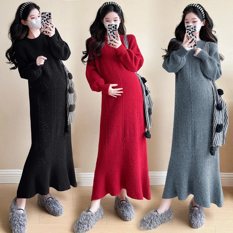 فستان حمل شتوي 2026 مع غطاء محرك السيارة وفيونكة فستان سترة منسوج لعيد الميلاد ، أنيق بحورية البحر فستان الحمل بالجملة