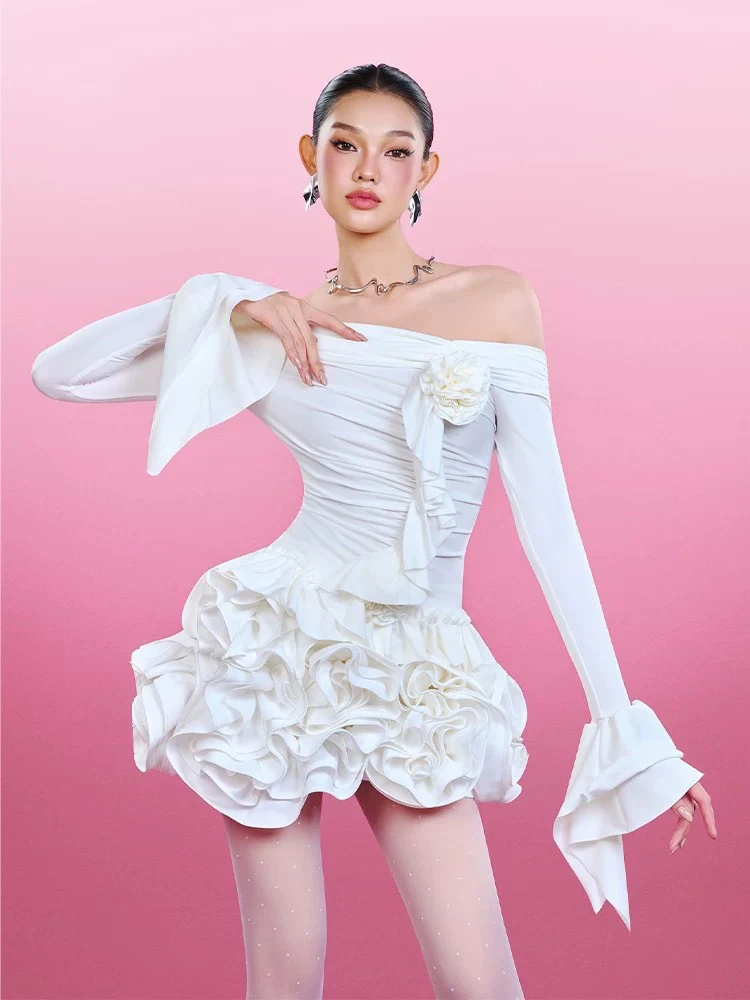 

Women White Skirt Two Piece Sets Sexy Slash Neck Ruffles Long Sleeves Top + Flowers Mini Skirts Suits Evening Club Party Suits
