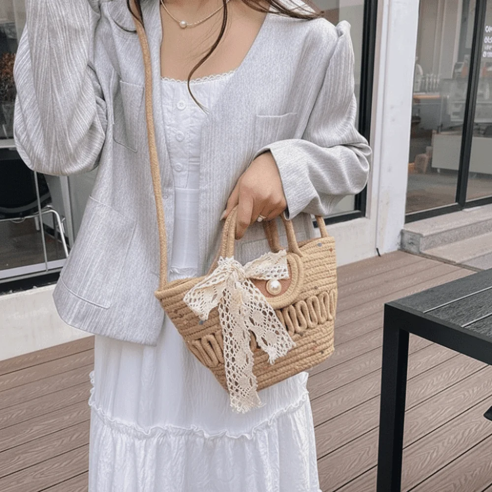 

Sweet Large Capacity Weave Straw Bag With Ribbon French Style Beach Tote Bag Handbag Hollow Basket Bag Shopping