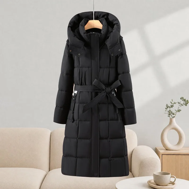 2026 Winter Down Cotton-padded Jacket Women's Long Parkas Detachable Sleeve Hooded Coat Sashes Slim Thicken Streetwear Outerwear