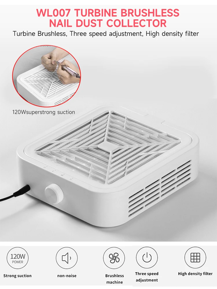 Extractor de polvo de uñas sin escobillas, supersucción de 120W con 2 filtros, potente recolector de polvo para uñas, ventilador para manicura, aspiradora