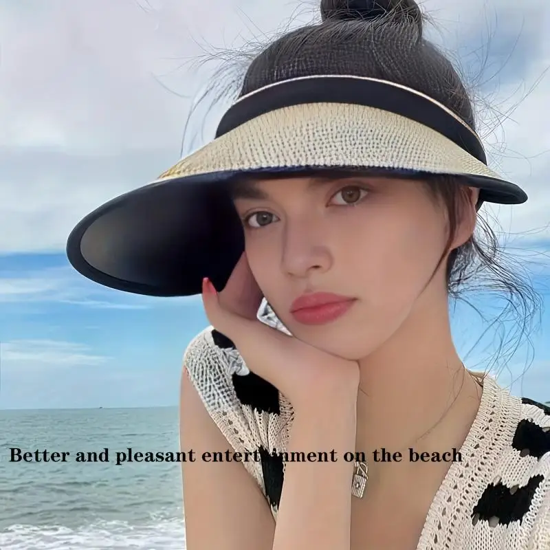 New Summer Straw Hat for Women Foldable Empty Top Sun Hats Outdoor Beach Anti-UV Protection Wide Brim Female Sunscreen Visor Cap