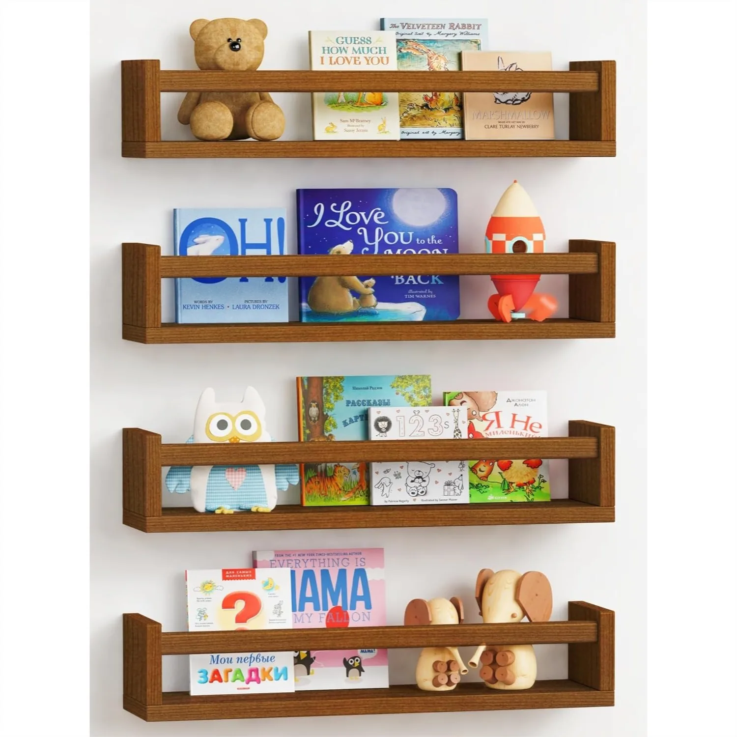 

Dark Wood Nursery Kids Bookshelf Wall Mounted 4 Pack, Solid Pine Floating Book Shelves For Toddler Baby Room Bedroom Bathroom