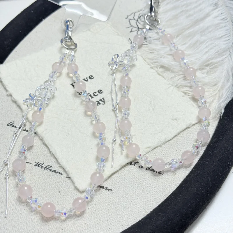 

Natural crystal phone charm accessory, pink crystal beads with spacer bead design, handmade beaded, fresh and youthful style