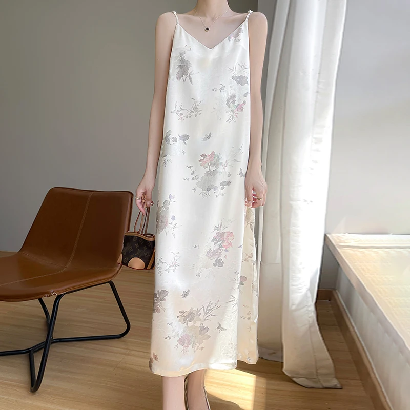 Satin Chinese Jacquard Strap French Dress 2025 Summer New Style Slimming Long Dress with Chinese Style Strap Skirt
