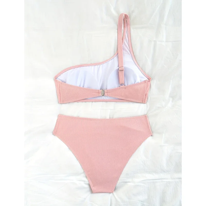 Bikinis acanalados de cintura alta, traje de baño Push Up para mujer, conjunto de Bikini de un hombro, traje de baño de dos piezas, trajes de baño rosas, ropa de playa para mujer