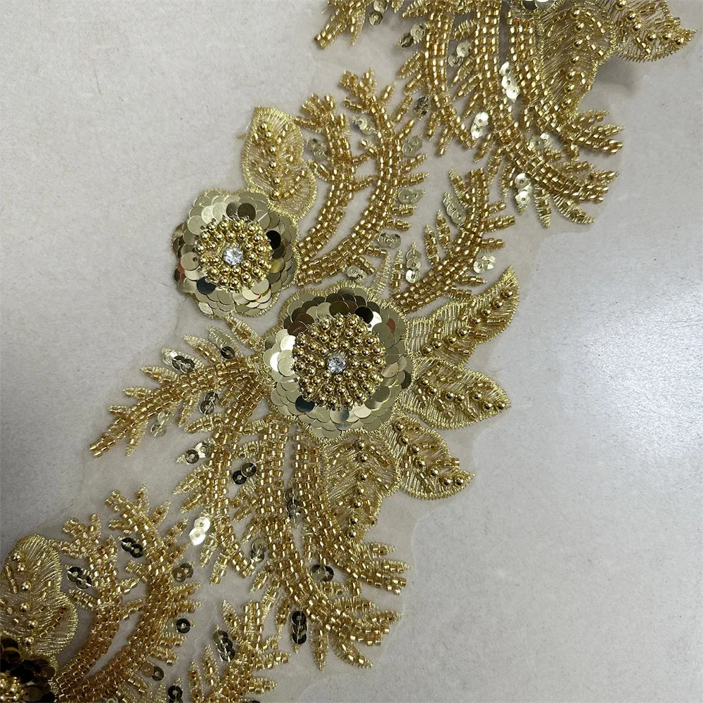 Luxury Embroidery Crystal Beaded Lace Trim, High Quality Beads Lace Trim Applique For Wedding Dress