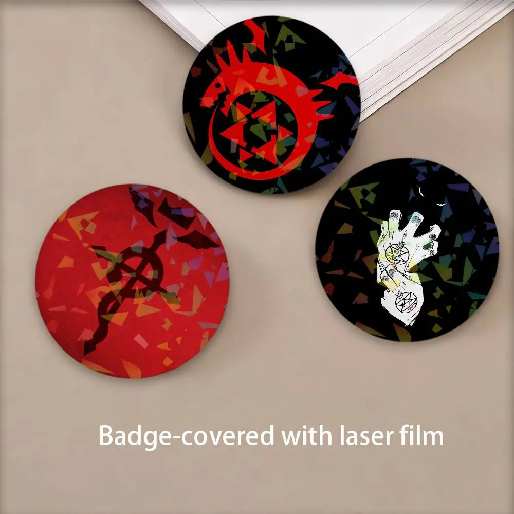 Anime FULLMETAL ALCHEMIST Round Badge Lapel Pins for Backpacks Briefcase Laser Brooch Clothes Gifts