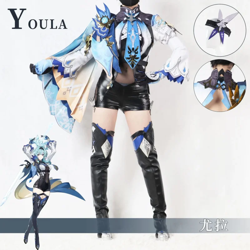 2025 New Eula Lawrence Cosplay Wig Uniform Wave Flower Knight Funny Costume Glove Jewelry Halloween Carnival Comic Con M