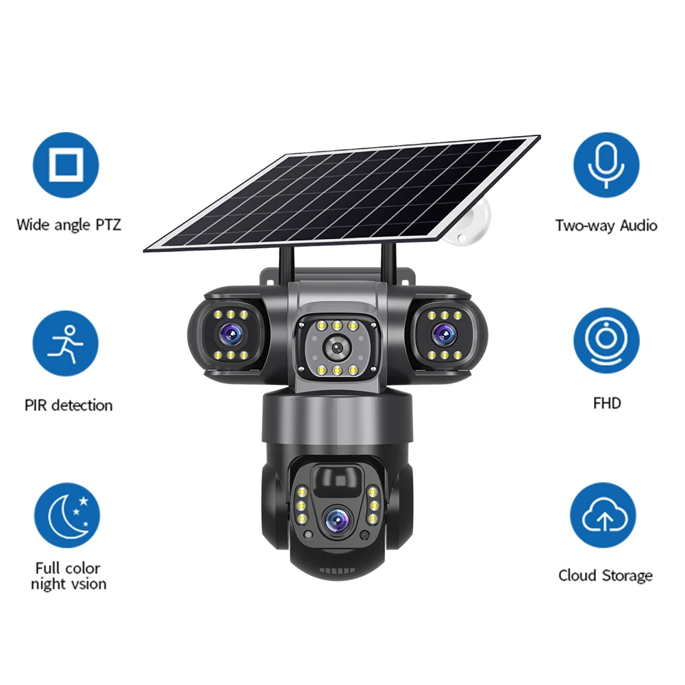Cross-border outdoor 360° panoramic home three-lens solar surveillance camera: security, high-definition full-color night vision