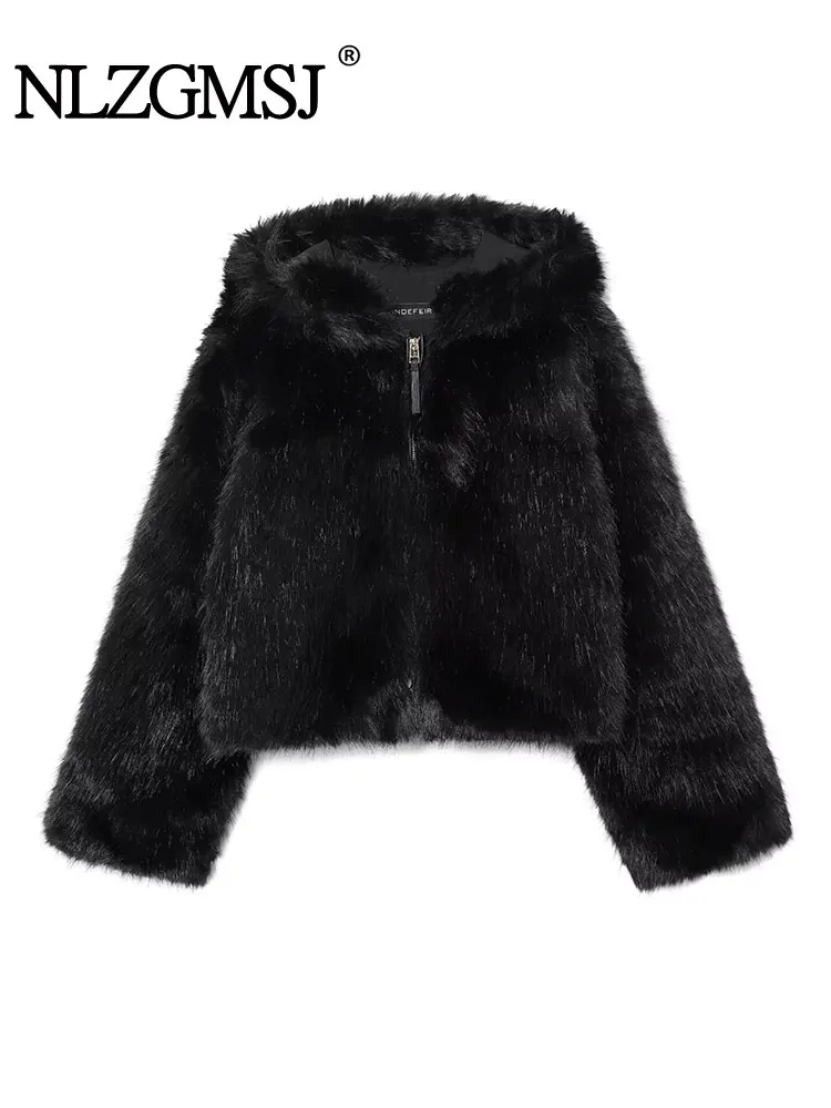 

NLZGMSJ 2025 женская осенне-зимняя куртка с капюшоном, модные куртки из искусственного меха для женщин, пушистое теплое пальто с длинными рукавами, элегантное верхнее одежда