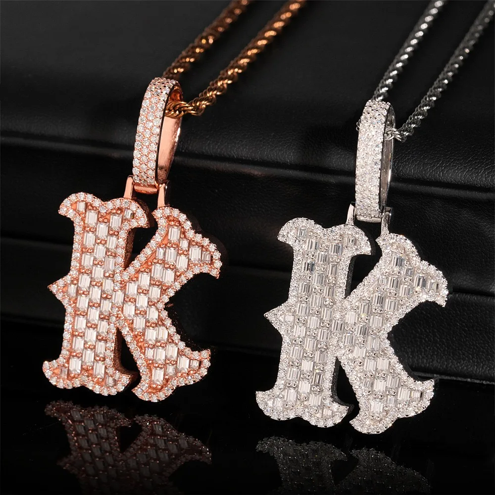 Hiphop Iced Out Baguette Cut Moissanite Letter Pendant 925 Sterling B K J Miami Cuban Letters Pendant Necklace Men Pass Tester