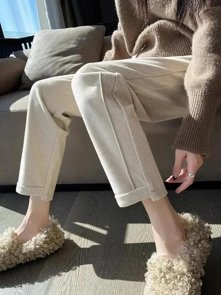 السراويل الصوفية النسائية الحريم سروال شكل قلم رصاص الخريف الشتاء عالية الخصر رداء غير رسمية السراويل مكتب سيدة النساء السراويل #3