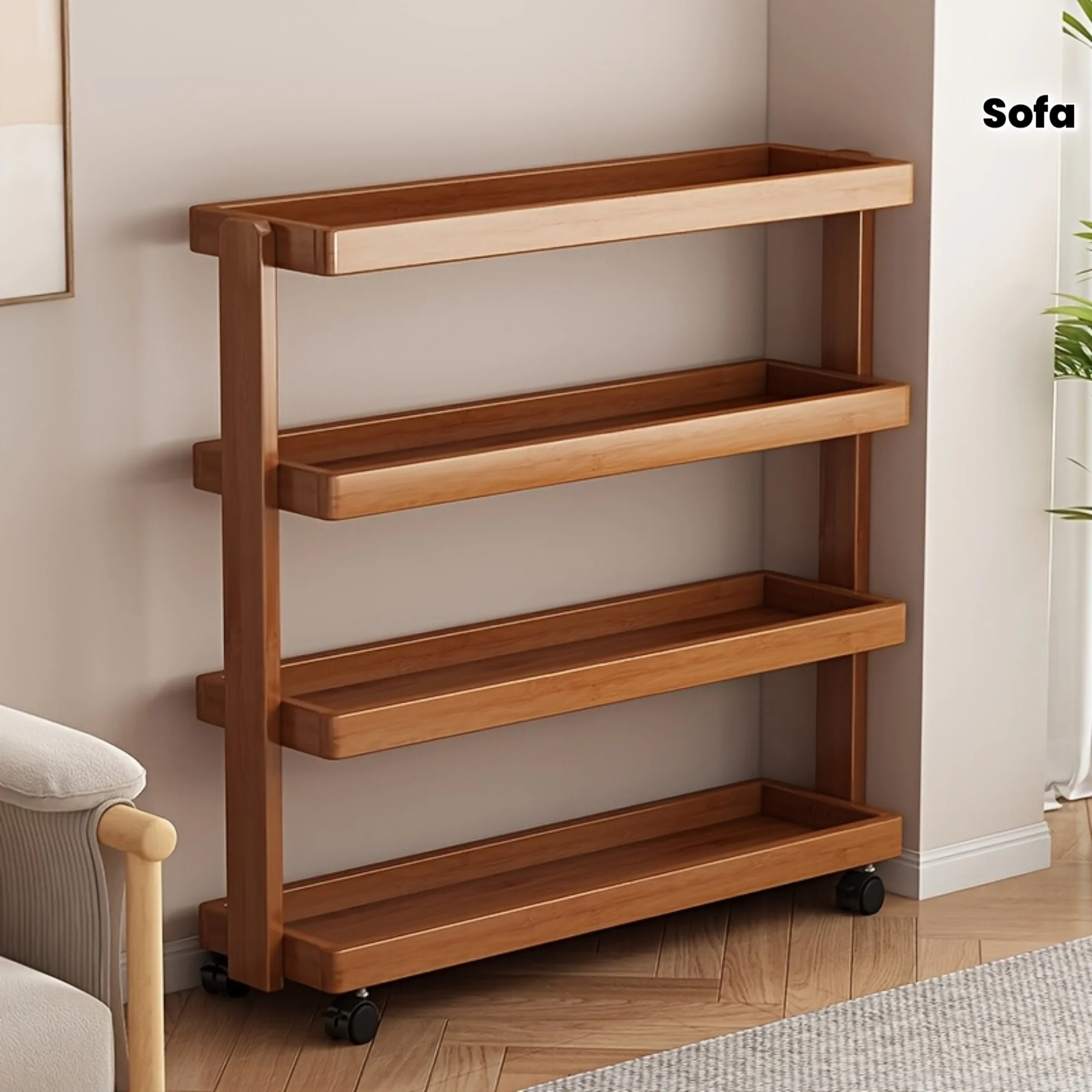 1 Bamboo Roller-Wheeled Sofa Side Table - 3-Tier Cart, Ideal for The Study, Kitchen, or Living Room. Perfect for Organizing Item