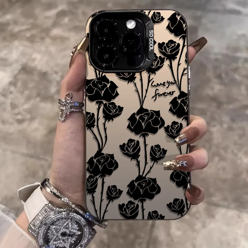 

Full Screen of Roses Phone Cases for iPhone 14 15 Pro 11 12 13 ProMax X XR XSMax 12 Mini 7/8 Plus Plated Shockproof Bumper Cover