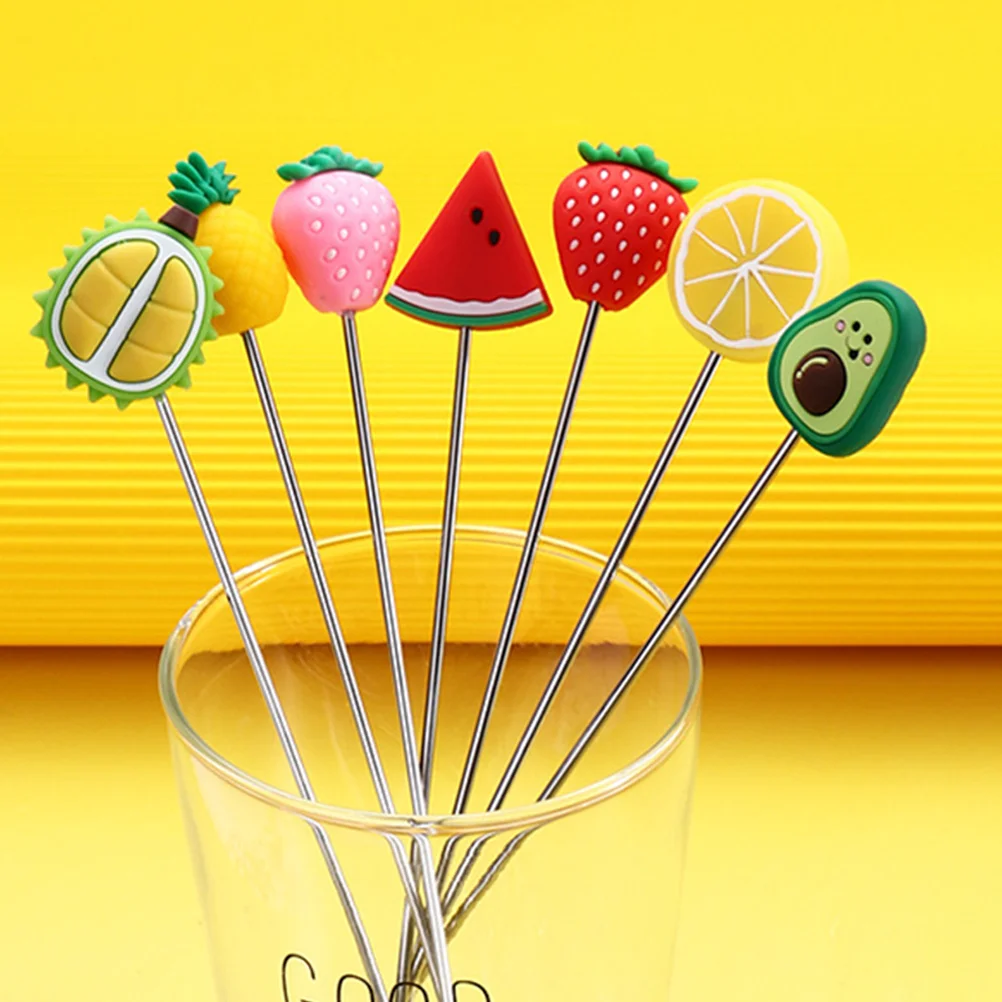 

2 Pcs Fruit Stirring Sticks Stainless Steel Cocktail Drink Stirrers Reusable Bar Juice Mixing Rods Party Accessories